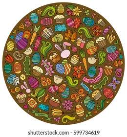 Colorful vector hand drawn set of Easter cartoon doodle objects, symbols and items. Round composition
