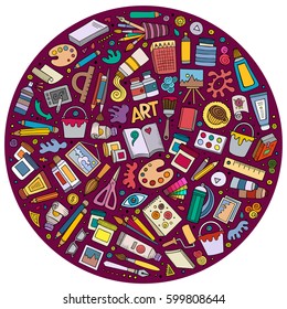 Colorful vector hand drawn set of Art cartoon doodle objects, symbols and items. Round composition