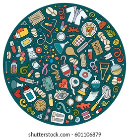 Colorful vector hand drawn set of Medical cartoon doodle objects, symbols and items. Round composition