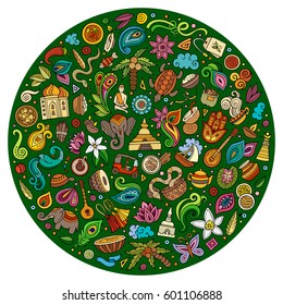 Colorful vector hand drawn set of Indian cartoon doodle objects, symbols and items. Round composition