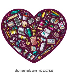 Colorful vector hand drawn set of Art and Design cartoon doodle objects, symbols and items. Heart form composition
