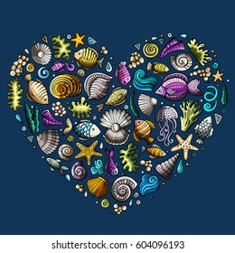 Colorful vector hand drawn set of Underwater life cartoon doodle objects, symbols and items. Heart form composition