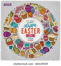 Colorful vector hand drawn set of Easter cartoon doodle objects, symbols and items. Round frame composition