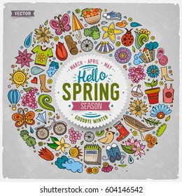Colorful vector hand drawn set of Spring cartoon doodle objects, symbols and items. Round frame composition