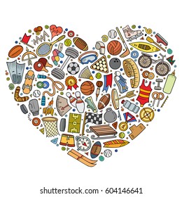 Colorful vector hand drawn set of Sport cartoon doodle objects, symbols and items. Heart form composition