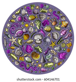 Colorful vector hand drawn set of Sealife cartoon doodle objects, symbols and items. Round composition