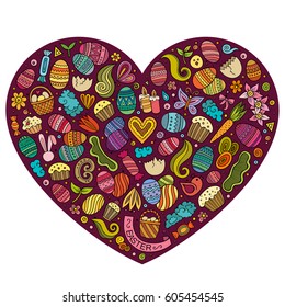 Colorful vector hand drawn set of Easter cartoon doodle objects, symbols and items. Heart form composition