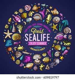 Colorful vector hand drawn set of Sealife cartoon doodle objects, symbols and items. Round frame composition