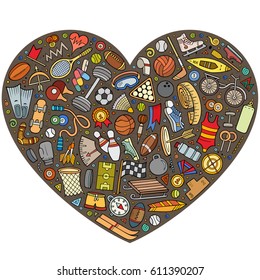 Colorful vector hand drawn set of Sport cartoon doodle objects, symbols and items. Heart form composition