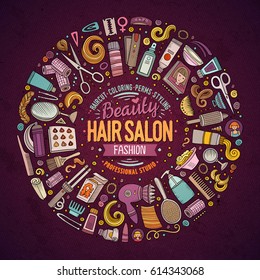 Colorful Vector Hand Drawn Set Of Hair Salon Cartoon Doodle Objects, Symbols And Items. Round Frame Composition