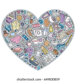 Colorful vector hand drawn set of Bathroom cartoon doodle objects, symbols and items. Heart composition