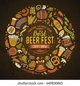 Colorful vector hand drawn set of Beer fest cartoon doodle objects, symbols and items. Round frame composition