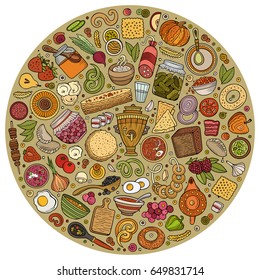 Colorful vector hand drawn set of Slavic food cartoon doodle objects, symbols and items. Round composition