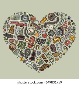 Colorful vector hand drawn set of Automobile cartoon doodle objects, symbols and items. Heart composition