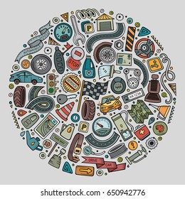 Colorful vector hand drawn set of Automobile cartoon doodle objects, symbols and items. Round composition
