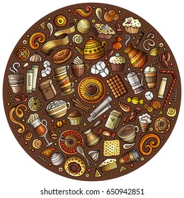 Colorful vector hand drawn set of Coffee cartoon doodle objects, symbols and items. Round composition