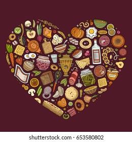 Colorful vector hand drawn set of Slavic food cartoon doodle objects, symbols and items. Heart composition