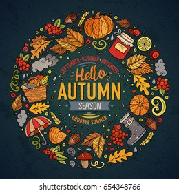 Colorful vector hand drawn set of Autumn cartoon doodle objects, symbols and items. Round frame composition