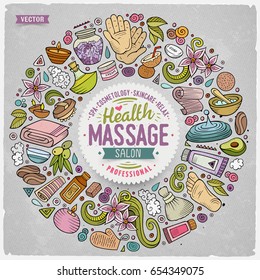 Colorful vector hand drawn set of Massage cartoon doodle objects, symbols, and items. Round frame composition