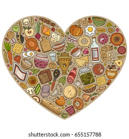 Colorful vector hand drawn set of Slavic food cartoon doodle objects, symbols and items. Heart composition