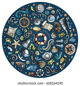 Colorful vector hand drawn set of Marine, Nautical cartoon doodle objects, symbols and items. Round form composition