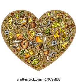 Colorful vector hand drawn set of Honey cartoon doodle objects, symbols and items. Heart form composition