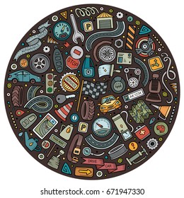 Colorful vector hand drawn set of Automobile cartoon doodle objects, symbols and items. Round composition