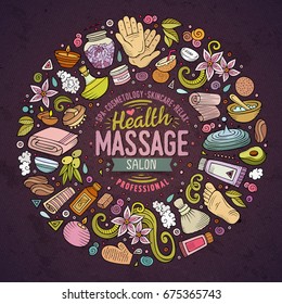 Colorful vector hand drawn set of Massage cartoon doodle objects, symbols and items. Round frame composition