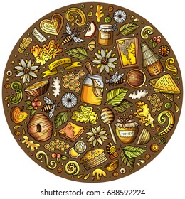 Colorful vector hand drawn set of Honey cartoon doodle objects, symbols and items. Round composition