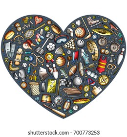 Colorful vector hand drawn set of Sport cartoon doodle objects, symbols and items. Heart form composition