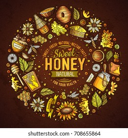 Colorful vector hand drawn set of Honey cartoon doodle objects, symbols and items. Round frame composition