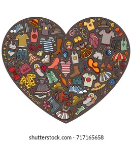 Colorful vector hand drawn set of Clothes cartoon doodle objects, symbols and items. Heart composition