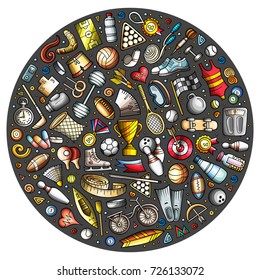 Colorful vector hand drawn set of Sport cartoon doodle objects, symbols and items. Round composition