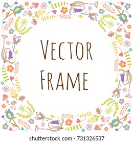 Colorful vector hand drawn set cartoon doodle plants and flowers. Round frame composition.