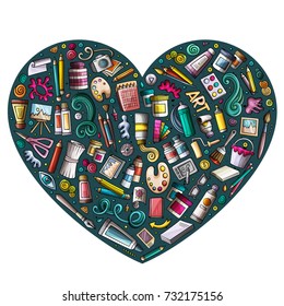 Colorful vector hand drawn set of Art cartoon doodle objects, symbols and items. Heart form composition