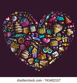 Colorful vector hand drawn set of Holidays cartoon doodle objects, symbols and items. Heart form composition