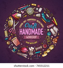 Colorful vector hand drawn set of Handmade cartoon doodle objects, symbols and items. Round frame composition