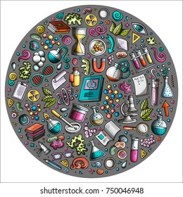 Colorful vector hand drawn set of Science cartoon doodle objects, symbols and items. Round composition