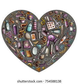 Colorful vector hand drawn set of Hair salon cartoon doodle objects, symbols and items. Heart form composition