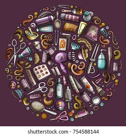 Colorful vector hand drawn set of Hair salon cartoon doodle objects, symbols and items. Round composition