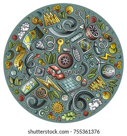 Colorful vector hand drawn set of Electric cars cartoon doodle objects, symbols and items. Round composition