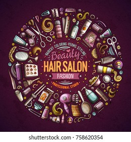 Colorful vector hand drawn set of Hair salon cartoon doodle objects, symbols and items. Round frame composition