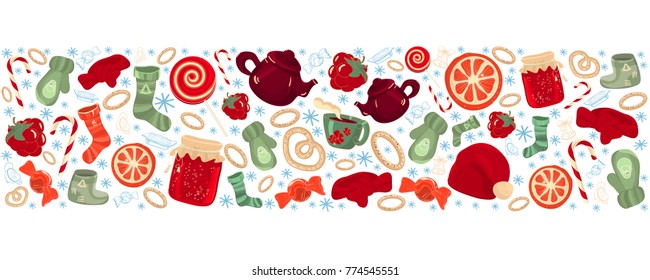 Colorful vector hand drawn set of winter cartoon doodle objects, symbols and items.