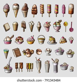 Colorful vector hand drawn set of Ice Cream cartoon 3d doodle objects, symbols and items.