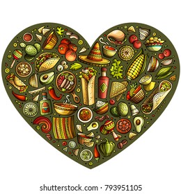 Colorful vector hand drawn set of Mexican food cartoon doodle objects, symbols and items. Heart form composition