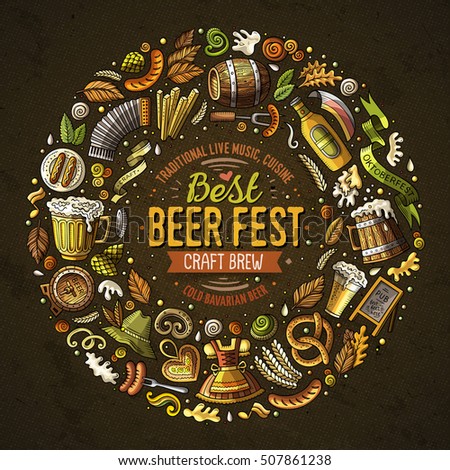 Colorful vector hand drawn set of Beer fest cartoon doodle objects, symbols and items. Round frame composition