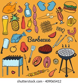 Colorful vector hand-drawn Doodle of Grill and BBQ. Vector illustration of grill and BBQ equipment. Icons for web, mobile and print. Barbecue logos and icons