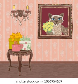 Colorful vector hand-drawn illustration of classical interior with damask wallpaper, small antique table with pile of gifts, twin candle wall lights, framed painting of cat with flowers, wooden floor.