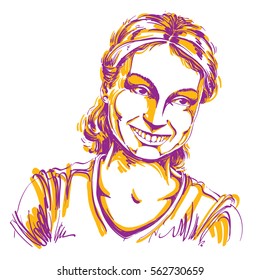 Colorful vector hand-drawn image, romantic young woman smiling. Black and white illustration of glad girl, positive emotions.