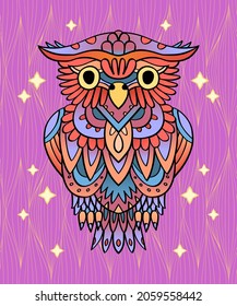 Colorful vector hand-drawn ornate owl. Tattoo style line art owl illustration. Decorative owl print.